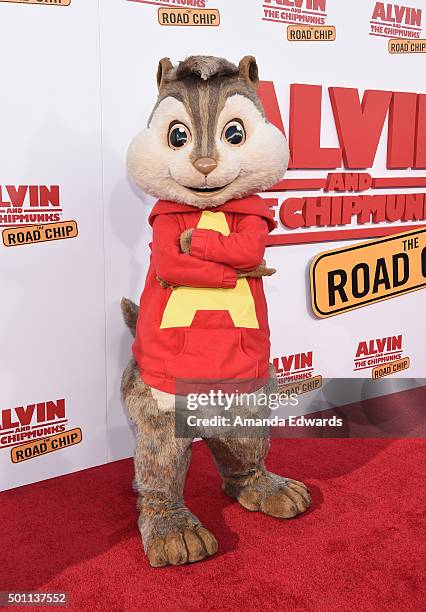 Alvin the Chipmunk arrives at the premiere of 20th Century Fox's "Alvin And The Chipmunks: The Road Chip" at the Zanuck Theater at 20th Century Fox...