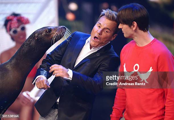 Jury member Dieter Bohlen is kissed by a sea lion while trainer Erwin Frankello looks on during the 'Das Supertalent' final show on December 12, 2015...