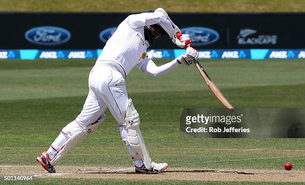 Dimuth Karunaratne of Sri Lanka bats during day four of the First Test match between New Zealand and Sri Lanka at University Oval on December 13,...