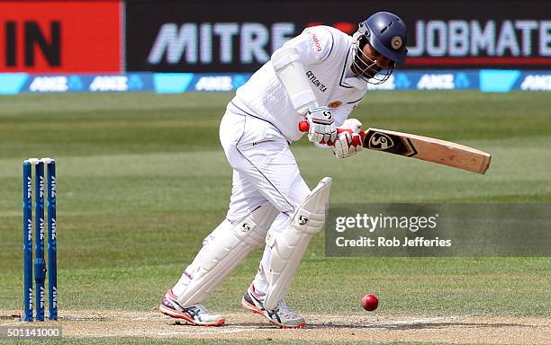 Dimuth Karunaratne of Sri Lanka bats during day four of the First Test match between New Zealand and Sri Lanka at University Oval on December 13,...