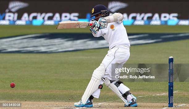 Kusal Mendis of Sri Lanka plays through the on-side during day four of the First Test match between New Zealand and Sri Lanka at University Oval on...