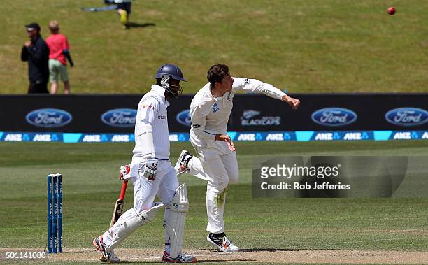 Mitchell Santner of New Zealand bowls during day four of the First Test match between New Zealand and Sri Lanka at University Oval on December 13,...