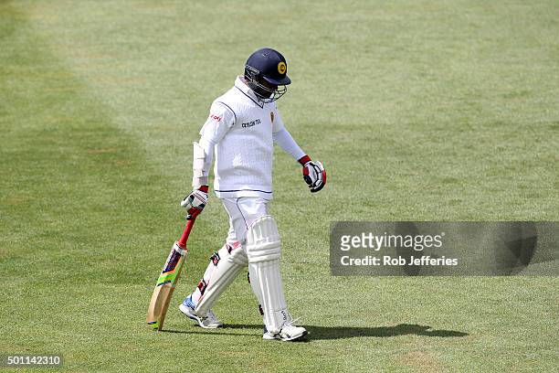 Udara Jayasundera of Sri Lanka leave the field after being dismissed by Neil Wagner of New Zealand during day four of the First Test match between...