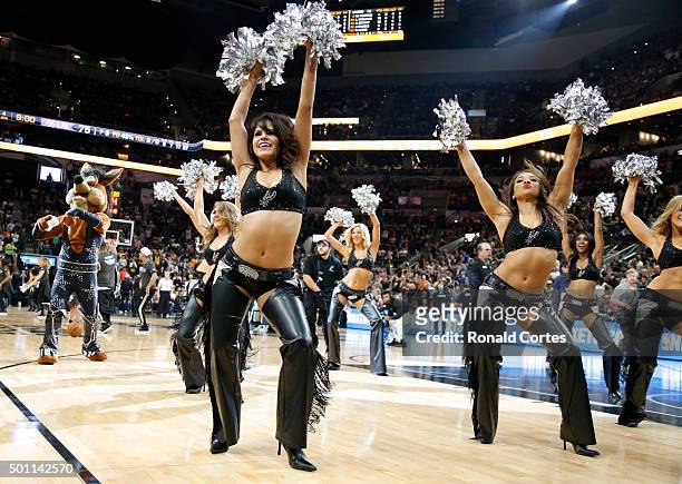 San Antonio Spurs dancers perform during a time-out in game against the Los Angeles Lakers at AT&T Center on December 11, 2015 in San Antonio, Texas....