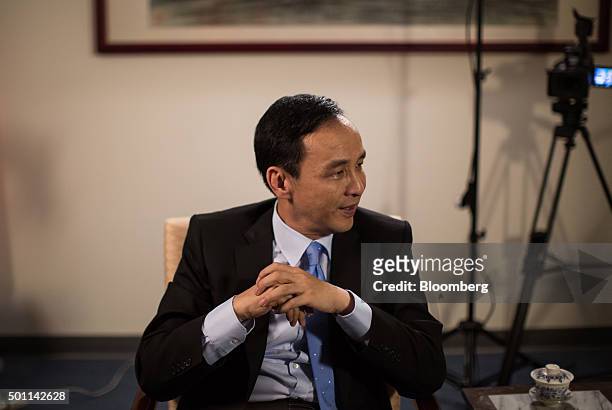 Eric Chu, presidential candidate and chairman of Taiwan's ruling party Kuomintang, listens during an interview at the party's headquarters in Taipei,...