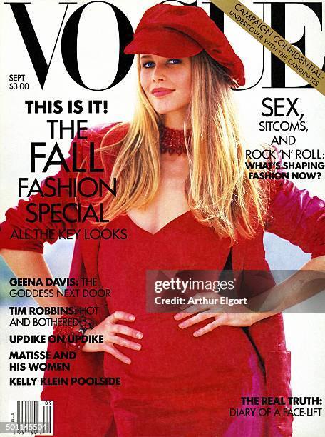 cover of vogue red dress 2001 Giorgio Armani Fully Beaded Ruby Red Silk Tulle Finale Gown