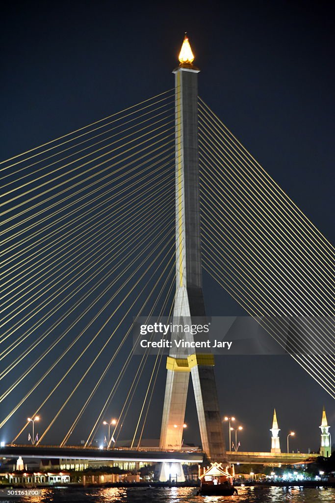 Bridge on chao phraya river by night at bangkok