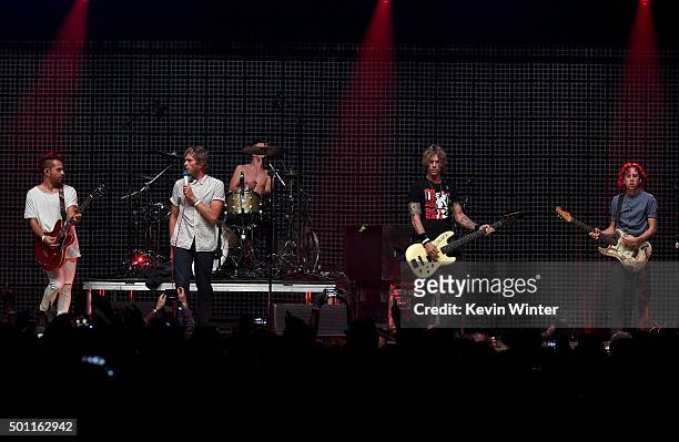 Musicians Drew Stewart, Aaron Bruno, Isaac Carpenter, Duff McKagan and Marc Walloch of Awolnation perform onstage during 106.7 KROQ Almost Acoustic...