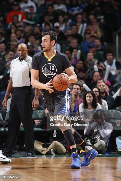 Milwaukee, WI Andrew Bogut of the Golden State Warriors handles the ball during the game against the Milwaukee Bucks on December 12, 2015 at the BMO...