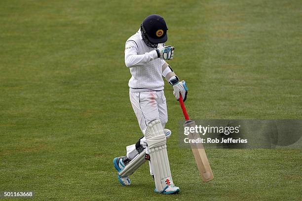 Kusal Mendis of Sri Lanka leaves the field of play after being dismissed by Tim Southee of New Zealand during day four of the First Test match...