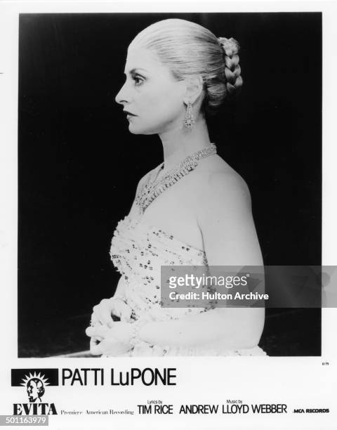 Patti LuPone performs on stage during the stage play Evita in 1979.
