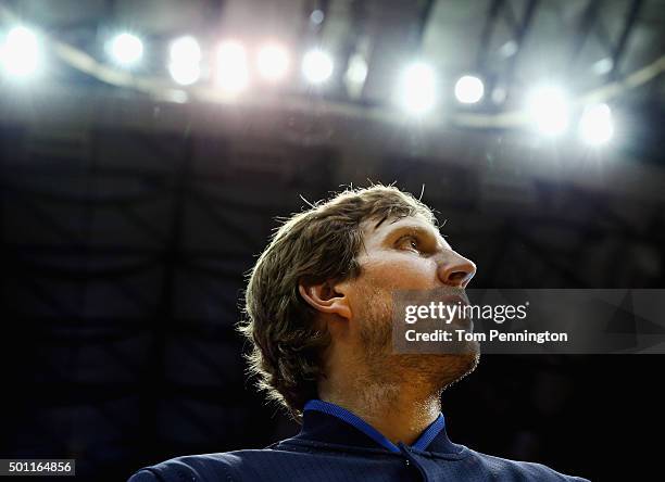 Dirk Nowitzki of the Dallas Mavericks looks on during the National Anthem before the Dallas Mavericks take on the Washington Wizards at American...
