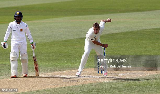 Tim Southee of New Zealand bowls during day four of the First Test match between New Zealand and Sri Lanka at University Oval on December 13, 2015 in...