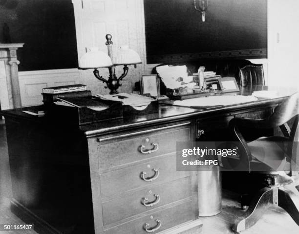 The writing desk used by US President Warren G. Harding, situated in the Oval Office of the at the White House, Washington, DC, 1923. This picture...