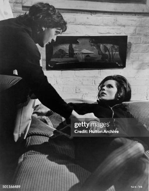Samantha Eggar gets suspicious of David Hemmings in a scene of the movie "The Walking Stick" circa 1970.