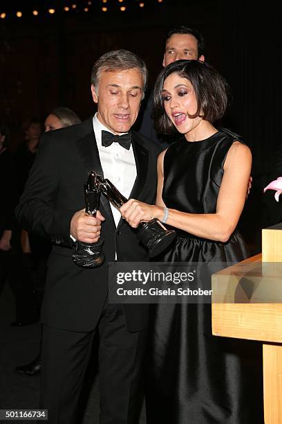 Christoph Waltz and Nerea Barros with award during the European Film Awards 2015 at Haus Der Berliner Festspiele on December 12, 2015 in Berlin,...