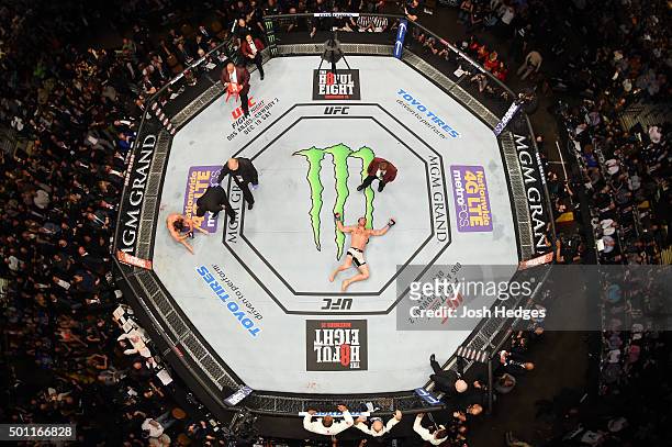 An overhead view of the Octagon as Luke Rockhold reacts to his victory over Chris Weidman during the UFC 194 event inside MGM Grand Garden Arena on...