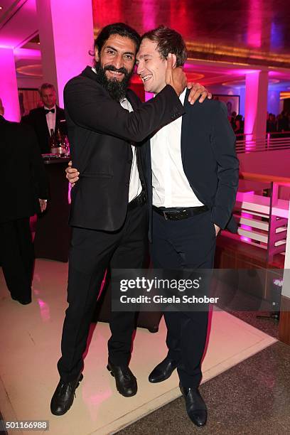 Numan Acar and Frederick Lau, wearing Porsche Design, during the European Film Awards 2015 afterparty at hotel Sofitel on December 12, 2015 in...