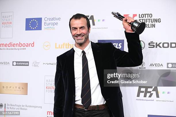 Andrea Occhipinti with award during the European Film Awards 2015 at Haus Der Berliner Festspiele on December 12, 2015 in Berlin, Germany.