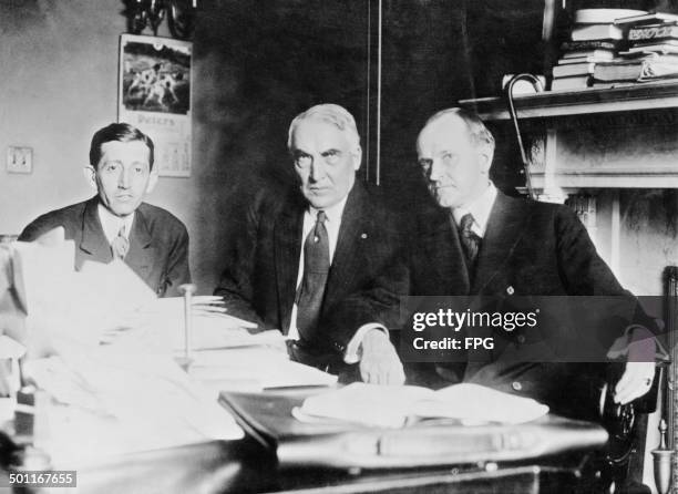 Chairman of the Republican National Committee, Will H. Hays at his first conference with Republican presidential nominee, Senator Warren G Harding of...