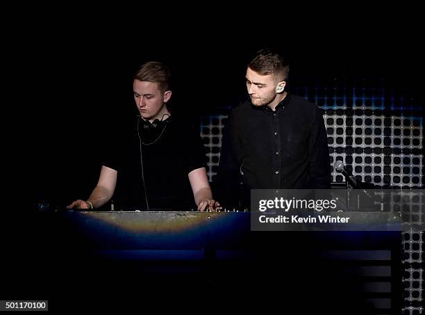 DJs Guy Lawrence and Howard Lawrence of Disclosure perform onstage during 106.7 KROQ Almost Acoustic Christmas 2015 at The Forum on December 12, 2015...