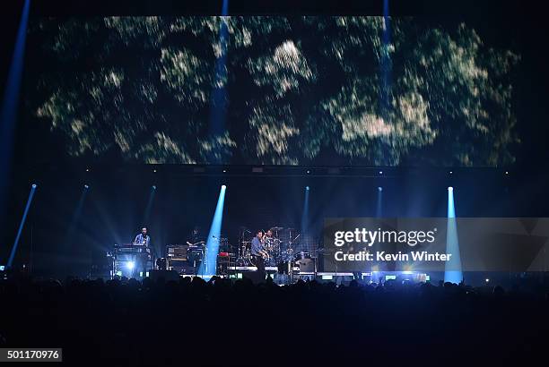 Musicians Kyle J Simmons, Dan Smith, Chris "Woody" Wood and Will Farquarson of Bastille perform onstage during 106.7 KROQ Almost Acoustic Christmas...