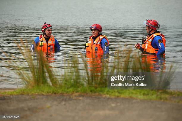 Volunteers take to the water during a SES helicopter-based water rescue training exercises at Penrith Whitewater Centre on December 13, 2015 in...