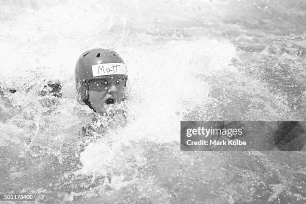 Volunteer swims as he undertake swiftwater rescue training at Penrith Whitewater Centre on December 13, 2015 in Sydney, Australia. SES men and women...