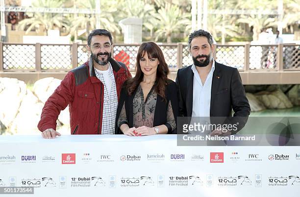 Director Assad Fouladkar and actors Darine Hamze and Rodrigue Sleiman attend the "Halal Love" Photocall during day five of the 12th annual Dubai...
