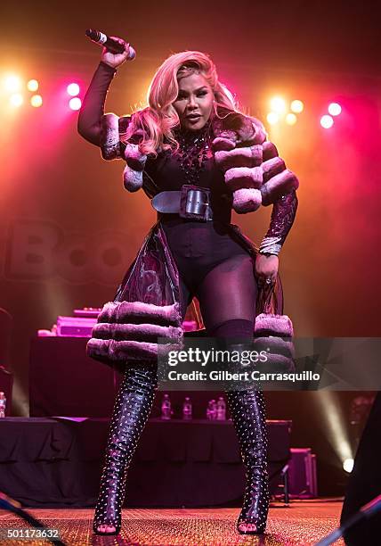 Rapper Lil' Kim performs during BOOM Bash 2015 Concert in celebration of the 1st year anniversary of Boom 107.9 FM Radio Station at Liacouras Center...