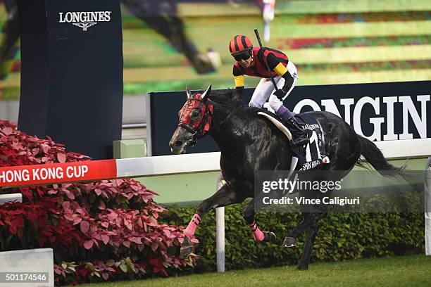 Yutake Take riding A Shin Hikari from Japan wins Race 8, The Longines Hong Kong Cup during the Hong Kong International Races at Sha Tin racecourse on...