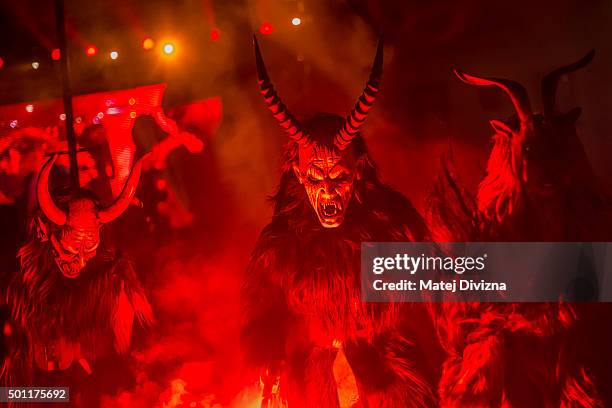 Participants dressed as the Krampus creatures walk the streets during Krampus gathering on December 12, 2015 in Kaplice, Czech Republic. Krampus,...