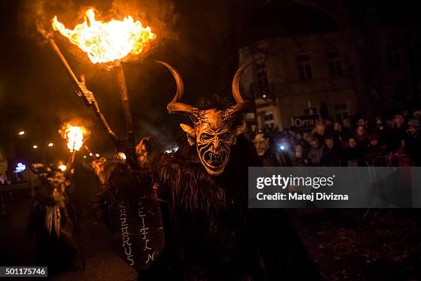 Participants dressed as the Krampus creatures walk the streets during Krampus gathering on December 12, 2015 in Kaplice, Czech Republic. Krampus,...