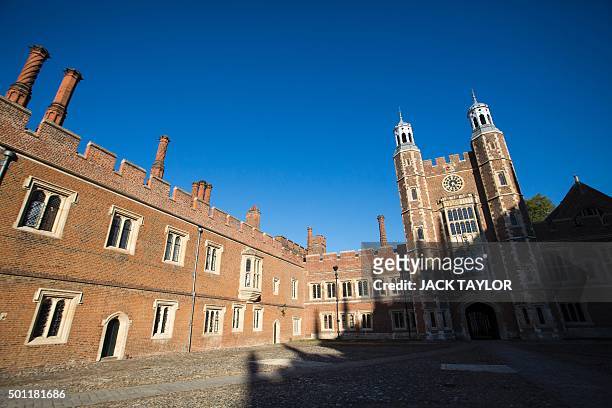 Eton College is pictured in Eton, west of London, on October 1, 2015. Wearing a white tie and coat tails, Ammar Mustapha stands near the manicured...