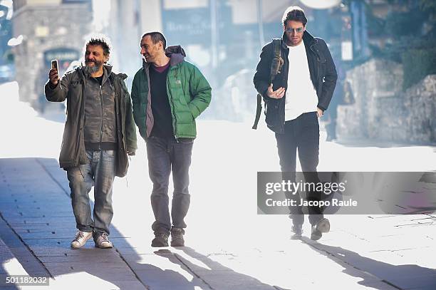 Antonio Manetti, Marco Manetti and Giampaolo Morelli are seen during the 25th Courmayeur Noir In Festival on December 12, 2015 in Courmayeur, Italy.