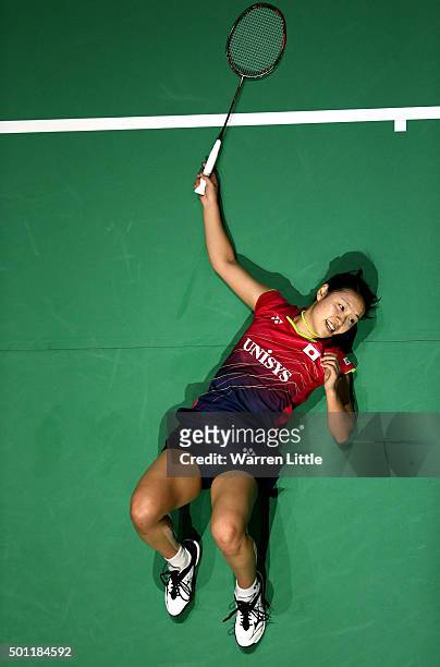 Nozomi Okuhara of Japan in action against Yihan Wang of China during the Women's Singles Final match on day five of the BWF Dubai World Superseries...