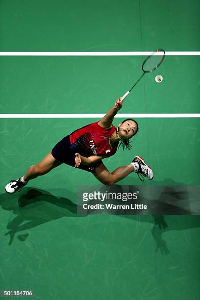 Nozomi Okuhara of Japan in actin against Yihan Wang of China during the Women's Singles Final match on day five of the BWF Dubai World Superseries...