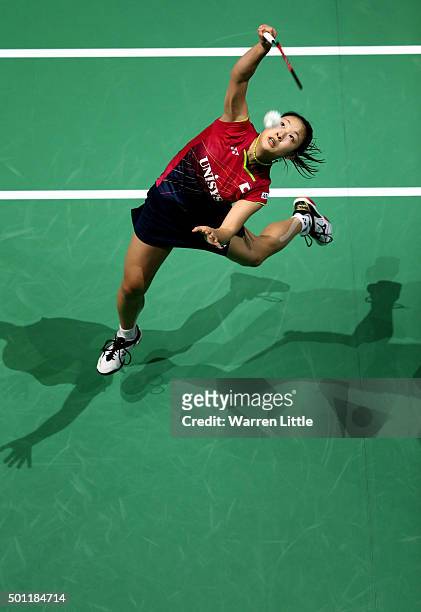 Nozomi Okuhara of Japan in actin against Yihan Wang of China during the Women's Singles Final match on day five of the BWF Dubai World Superseries...