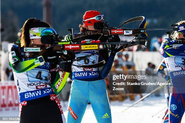 Olena Pidhrushna of Ukraine takes 3rd place during the IBU Biathlon World Cup Men's and Women's Relay on December 13, 2015 in Hochfilzen, Austria.