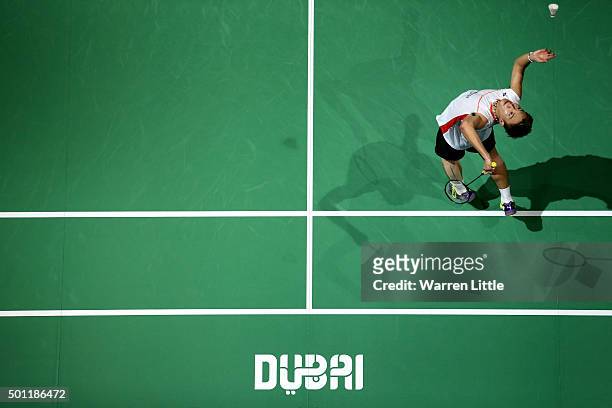 Kento Momota of Japan in action against Viktor Axelsen of Denmark during the final of the Men's Singles match on day five of the BWF Dubai World...