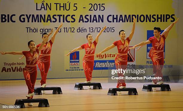 Vietnam team compete in the Final-Senior Aerobic Step during the 5th Asian Aerobic Gymnastics Championships at Nguyen Du Culture and Sports Club on...