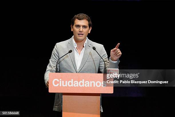 Albert Rivera, leader of Ciudadanos speaks during a campaign rally at Palacio de Vistalegre on December 13, 2015 in Madrid, Spain. Spain goes to the...