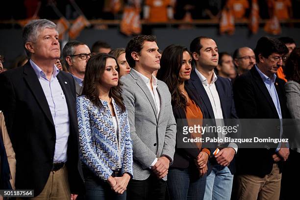 Albert Rivera , leader of Ciudadanos, Ines Arrimadas , member of Ciudadanos amid other members and supporters pay a minute of silence in memory of...