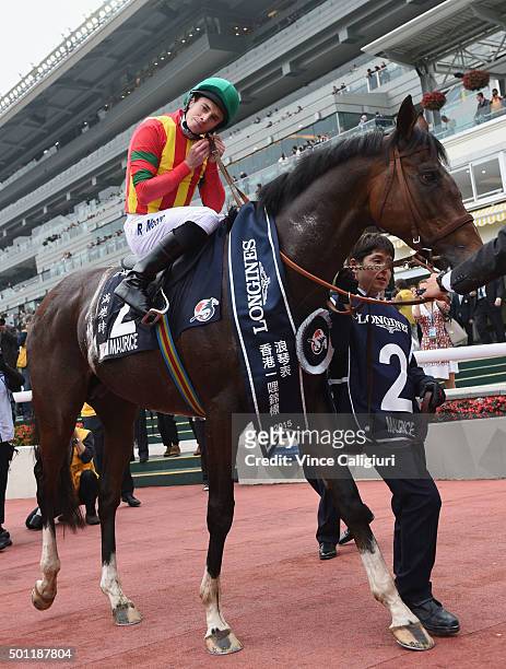 Ryan Moore riding Maurice from Japan after winning Race 7, The Longines Hong Kong Mile during the Hong Kong International Races at Sha Tin racecourse...