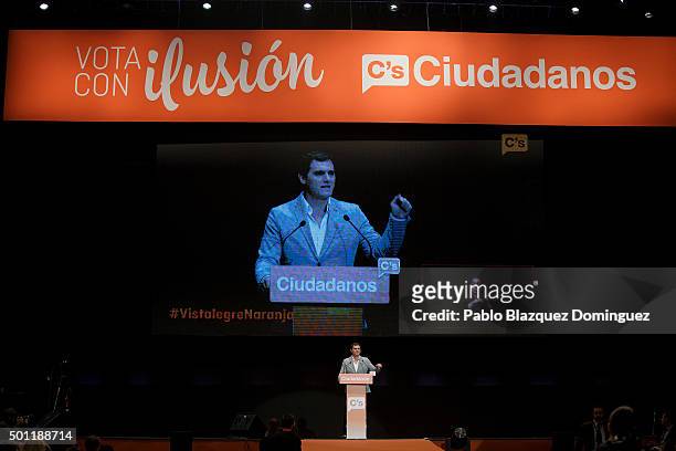 Albert Rivera, leader of Ciudadanos speaks during a campaign rally at Palacio de Vistalegre on December 13, 2015 in Madrid, Spain. Spain goes to the...