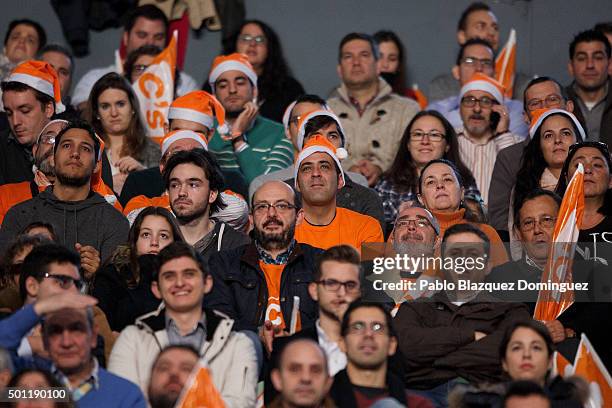 Supporters of Ciudadanos party watch a campaign rally with Albert Rivera at Palacio de Vistalegre on December 13, 2015 in Madrid, Spain. Spain goes...