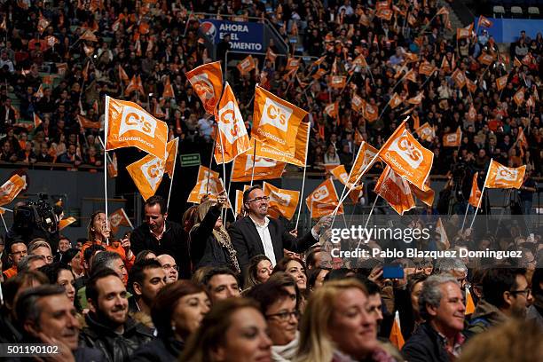 Supporters of Ciudadanos party cheer during a campaign rally with Albert Rivera at Palacio de Vistalegre on December 13, 2015 in Madrid, Spain. Spain...