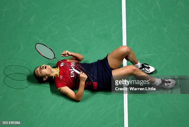 Nozomi Okuhara of Japan celebrates beating Yihan Wang of China to win the final of the Women's Singles on day five of the BWF Dubai World Superseries...