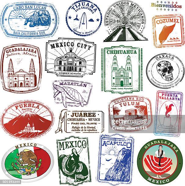 collection of mexican landmark stamps - oaxaca stock illustrations