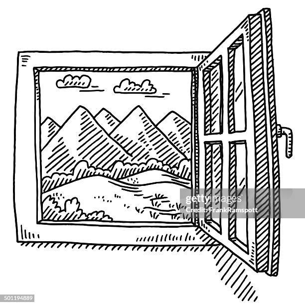 offene fenster mountain landschaft abbildung - fenster offen stock-grafiken, -clipart, -cartoons und -symbole